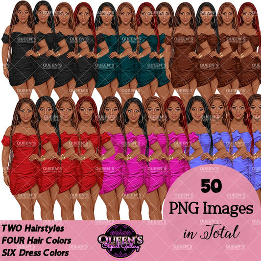 Black woman clipart with long box braids, multiple hair colors and stylish mini dresses, PNG graphics with transparent backgrounds