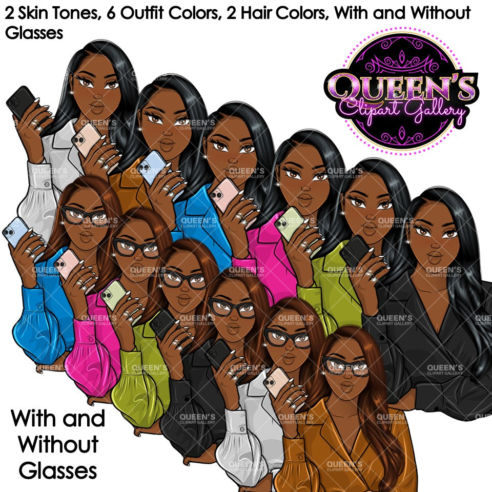 Fashion Clipart | Black Girl Magic Clipart | Black Girl Clipart | Afro Girl Clipart | Afro Woman | Phone Clipart | Cellphone | Stickers