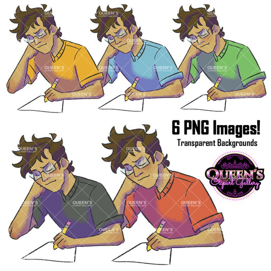Boy student writing clipart with glasses, pencil and paper in multiple colorful shirt variations including orange, blue, green, gray and red, with transparent backgrounds.