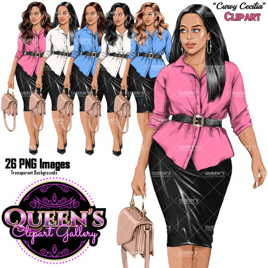 Curvy business woman clipart collection with professional woman wearing blouse, pencil skirt, belt and handbag with transparent backgrounds.
