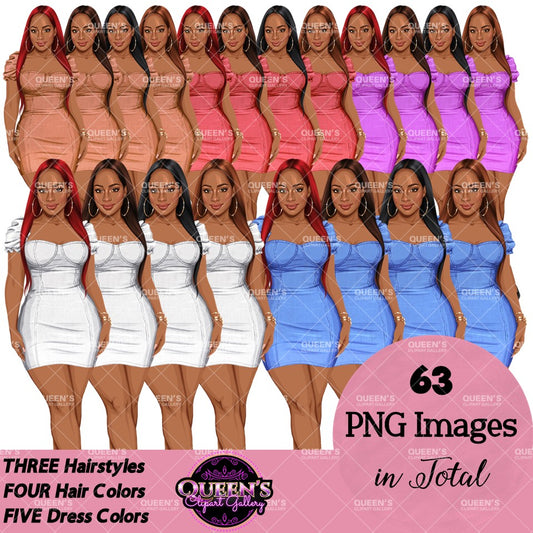 Dress clipart PNG featuring a stylish African American woman in a fitted mini dress with multiple hairstyles, hair colors, dress color variations, and transparent backgrounds. Perfect for planners, websites, digital designs, social media, and commercial projects.