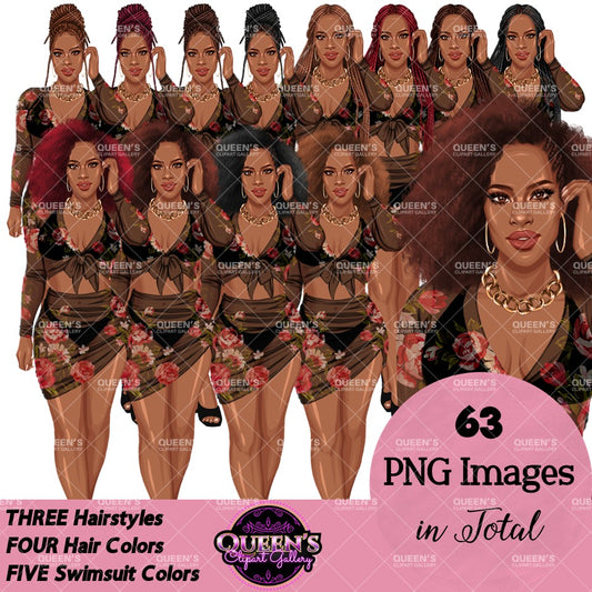 Afro Woman Floral Outfit Clipart PNG | Black Girl Magic Fashion Illustration | Curvy Woman Clipart | Summer Fashion Clipart | Fashion Girl PNG