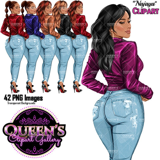 Fashion woman clipart PNG featuring a stylish rear view woman with 2 hairstyles, 4 hair colors, 5 jacket color variations, transparent backgrounds, and black and white versions.