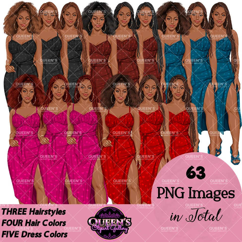 Black woman clipart collection wearing elegant heart print dresses in black, brown, blue, pink and red with afro and braided hairstyles, PNG images with transparent backgrounds