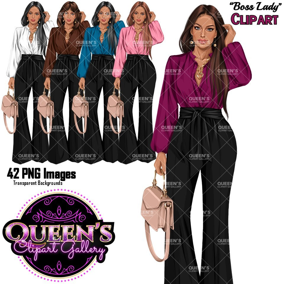 Boss lady clipart featuring stylish professional women in colorful blouses, black wide-leg pants and handbags, business woman PNG images with transparent backgrounds.