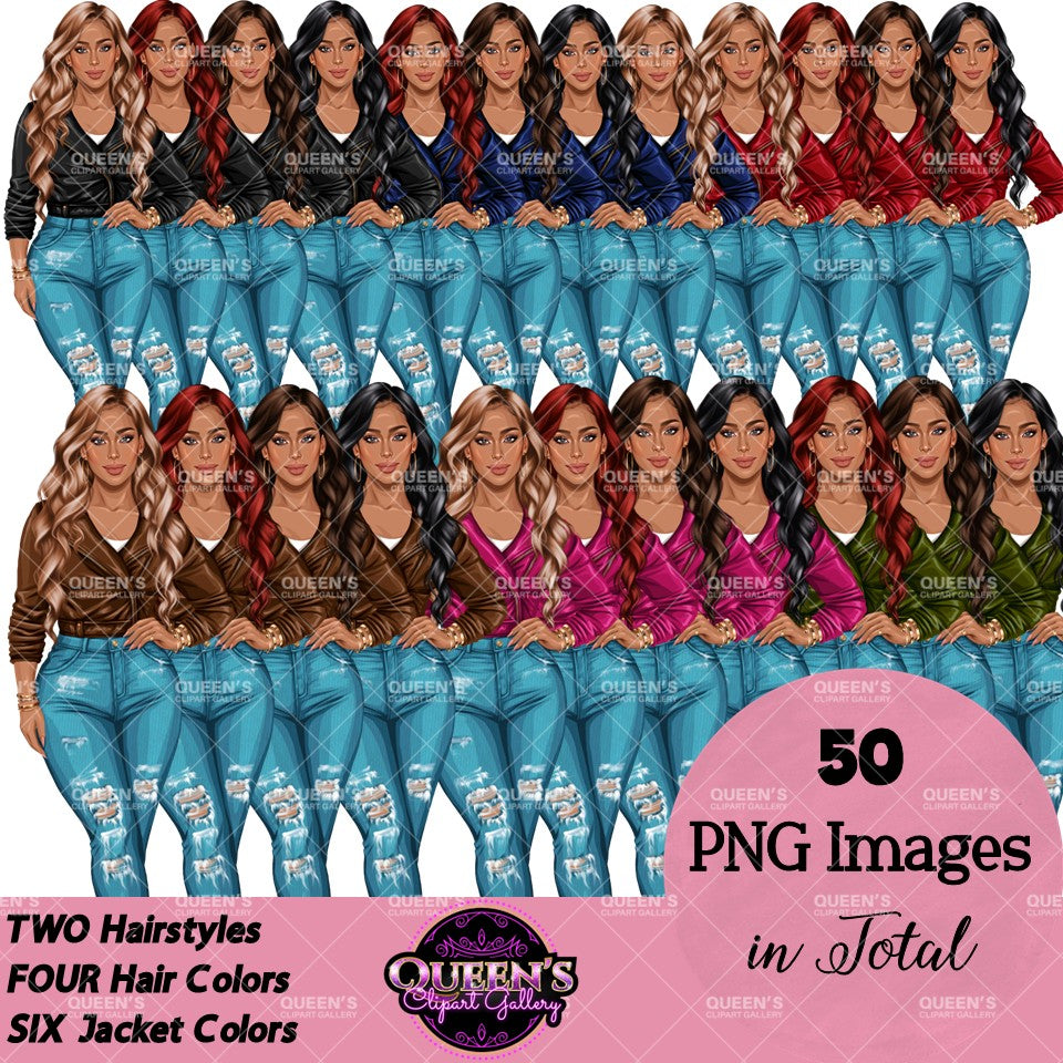 Fashion women clipart collection wearing ripped blue jeans and colorful leather jackets, multiple hair colors and wavy hairstyles, PNG images with transparent backgrounds