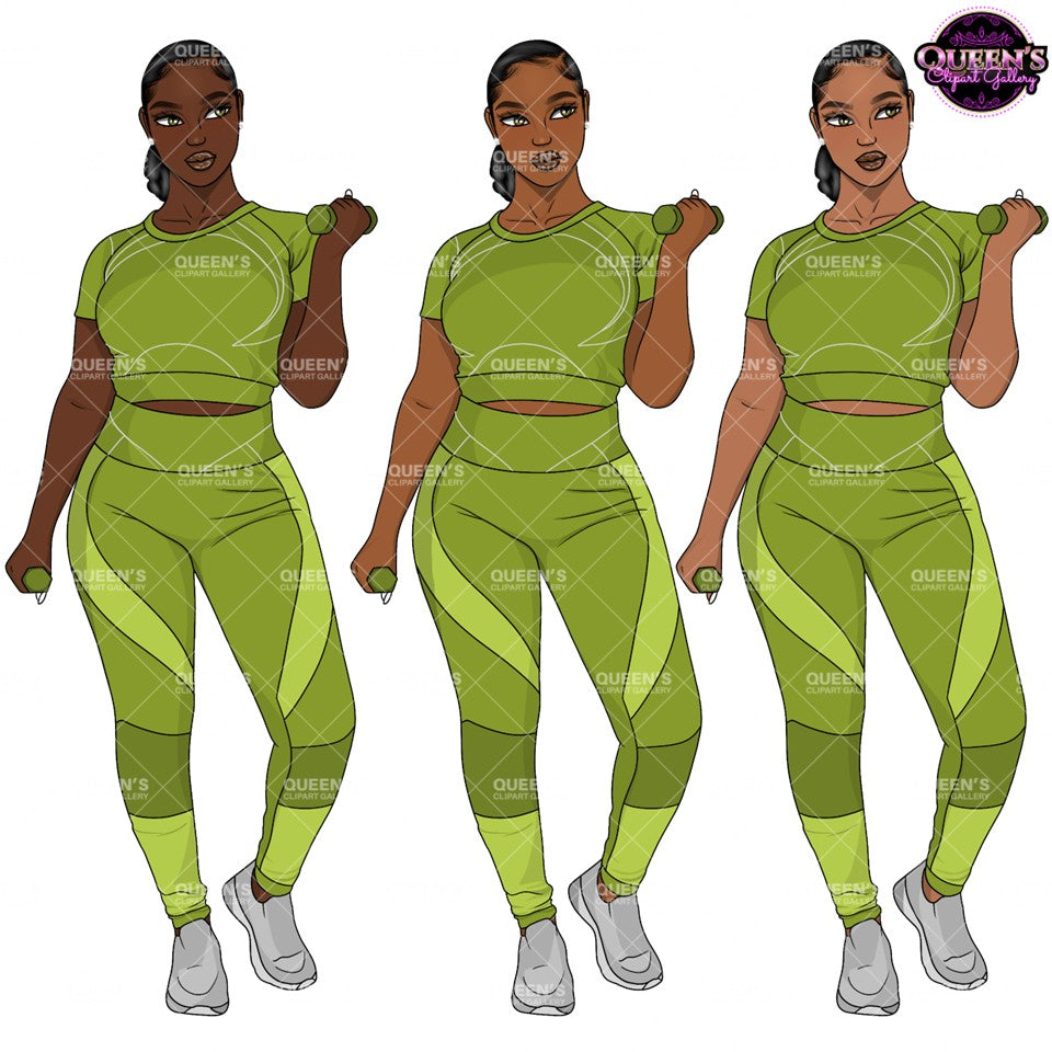 Fitness Black Woman Clipart PNG | Black Woman Workout Clipart | Curvy Gym Girl PNG | Activewear Clipart | Exercise Woman Illustration