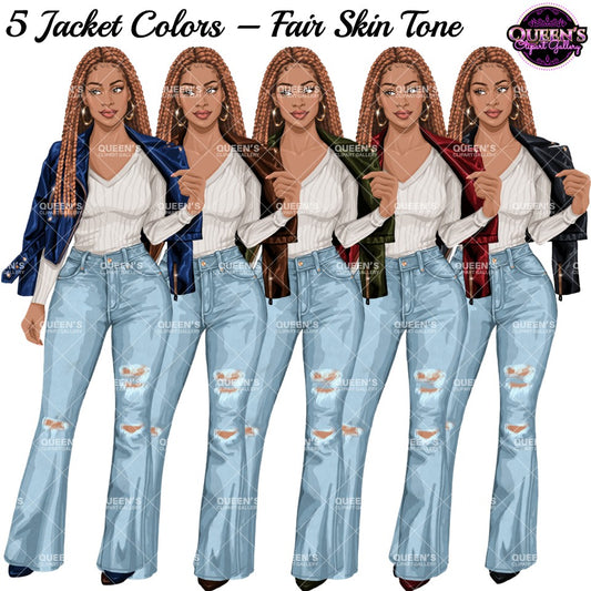 Black Woman Clipart PNG | African American Woman Clipart | Fashion Girl PNG | Leather Jacket Clipart | Denim Jeans Girl Clipart