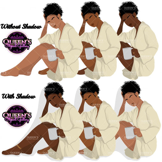 Afro woman relaxing, Afro girl clipart, Black woman, Black girl magic, Fashion girl clipart, Relax at home, Coffee girl, Flat Clipart, Robe