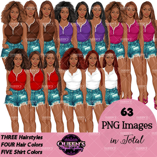African American woman clipart in ripped denim shorts and colorful summer tops with afro and braided hairstyles, Black girl fashion PNG clipart with transparent backgrounds
