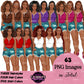 African American woman clipart in ripped denim shorts and colorful summer tops with afro and braided hairstyles, Black girl fashion PNG clipart with transparent backgrounds