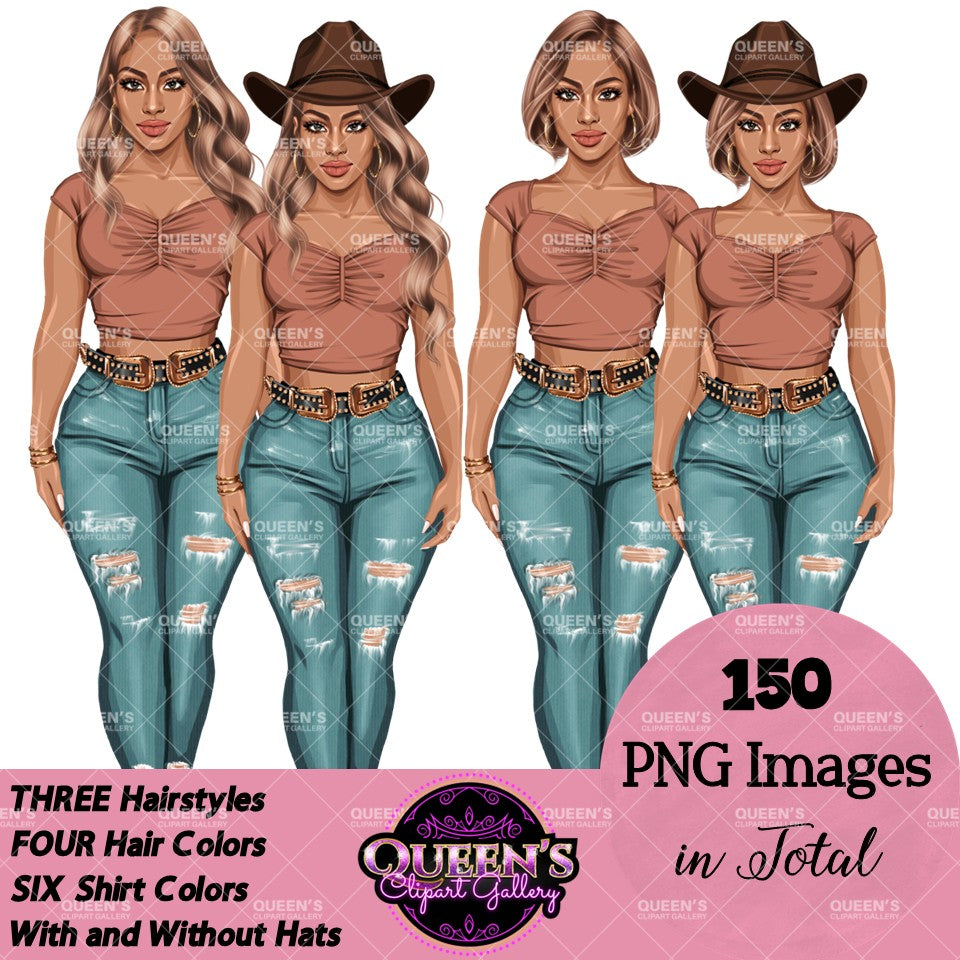 Fashion Woman Clipart PNG | Western Cowgirl Clipart | Stylish Woman Illustration | Denim Fashion Girl Clipart | Fashion Girl Clipart
