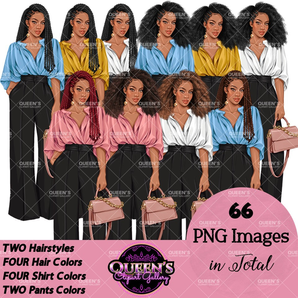Black professional woman clipart collection featuring Afro hairstyles and braids with colorful blouses, black wide leg pants and handbags, transparent background PNG.