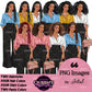 Black professional woman clipart collection featuring Afro hairstyles and braids with colorful blouses, black wide leg pants and handbags, transparent background PNG.