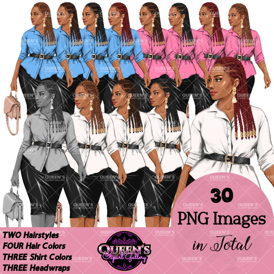 Black business woman clipart PNG collection featuring a curvy professional woman with braided hairstyles, multiple hair colors, blouse colors, handbag, and transparent backgrounds.