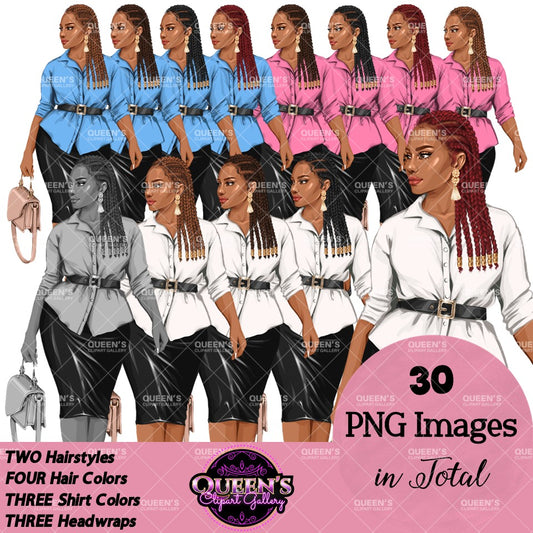 Black business woman clipart PNG collection featuring a curvy professional woman with braided hairstyles, multiple hair colors, blouse colors, handbag, and transparent backgrounds.