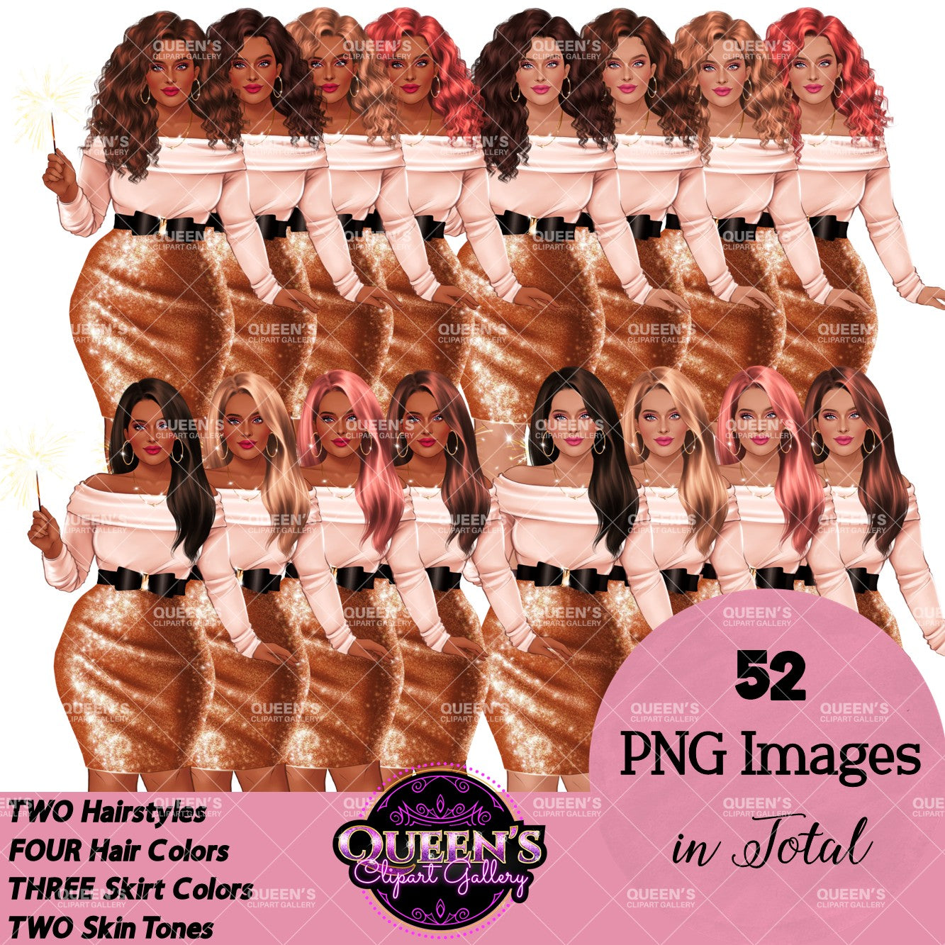 New Year Clipart | New Year's Planner | Fashion Illustration | Fashion Woman Clipart Set | Plus Size | Diverse Women PNG | Celebration | PNG