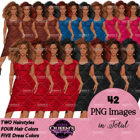 Afro woman fashion clipart featuring Black women with natural curly hairstyles wearing elegant colorful dresses.