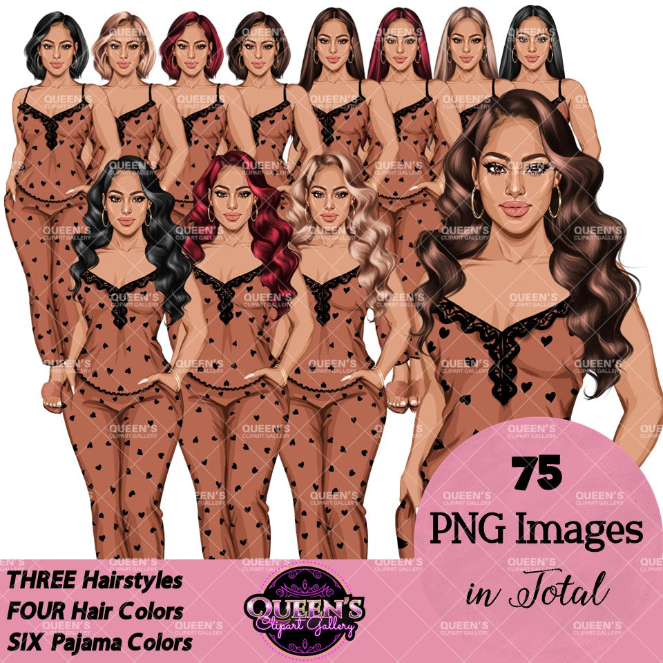 Non-African American white pajama girl clipart PNG featuring a stylish woman in heart print brown sleepwear with multiple hairstyles, hair colors, pajama color variations, and transparent background. Woman clipart PNG, modern female illustration for planners, websites, educational resources, and commercial use.