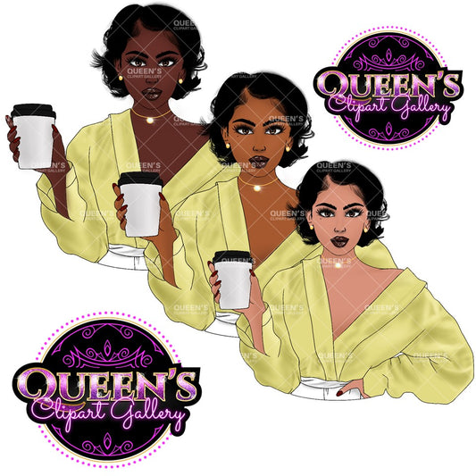 Afro girl clipart | Black woman clipart | Black girl magic | Fashion clipart | Woman drinks coffee | Black girl | Relax at home | Coffee