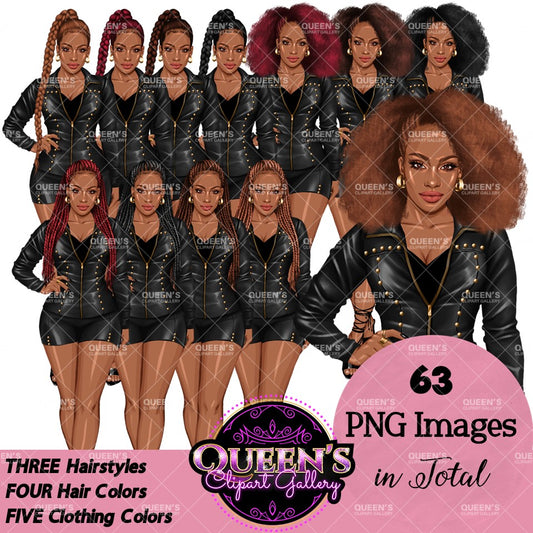 Afro woman in leather clothes, Girl boss, Lady boss, African American woman, Fashion girl clipart, Fashion illustration clipart, Curvy girl