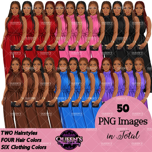 Black woman clipart PNG collection featuring stylish African American women with long braided hairstyles, elegant colorful high-neck jumpsuits, clutch purses, and transparent backgrounds.