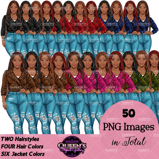 Black woman clipart collection in ripped blue jeans and colorful leather jackets with long braided hairstyles, African American fashion PNG images with transparent backgrounds