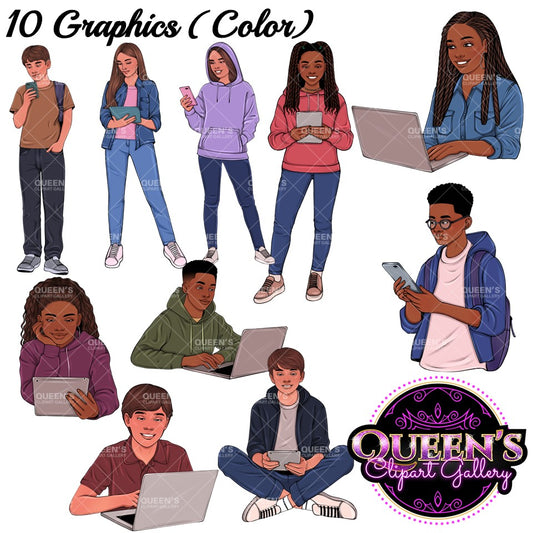 Teens on Technology Clipart, Technology Clipart, Teenagers Clipart, High School Students, Teenagers in School, Computer Clipart, Phone