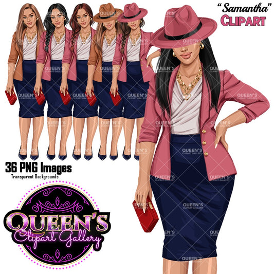 Professional woman clipart in blazer, pencil skirt and fedora hat with transparent backgrounds.