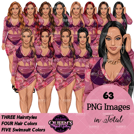 A digital preview collage showing multiple illustrated female models wearing matching purple and pink swimsuit sets with three different hairstyles and four different hair colors.