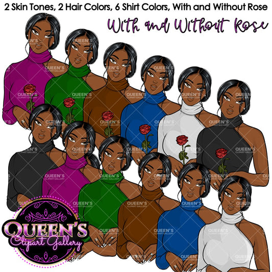 Fashion Clipart | Black Girl Magic Clipart | Black Girl Clipart | Afro Girl Clipart | Afro Woman | Valentine Rose Clipart | Rose Clipart
