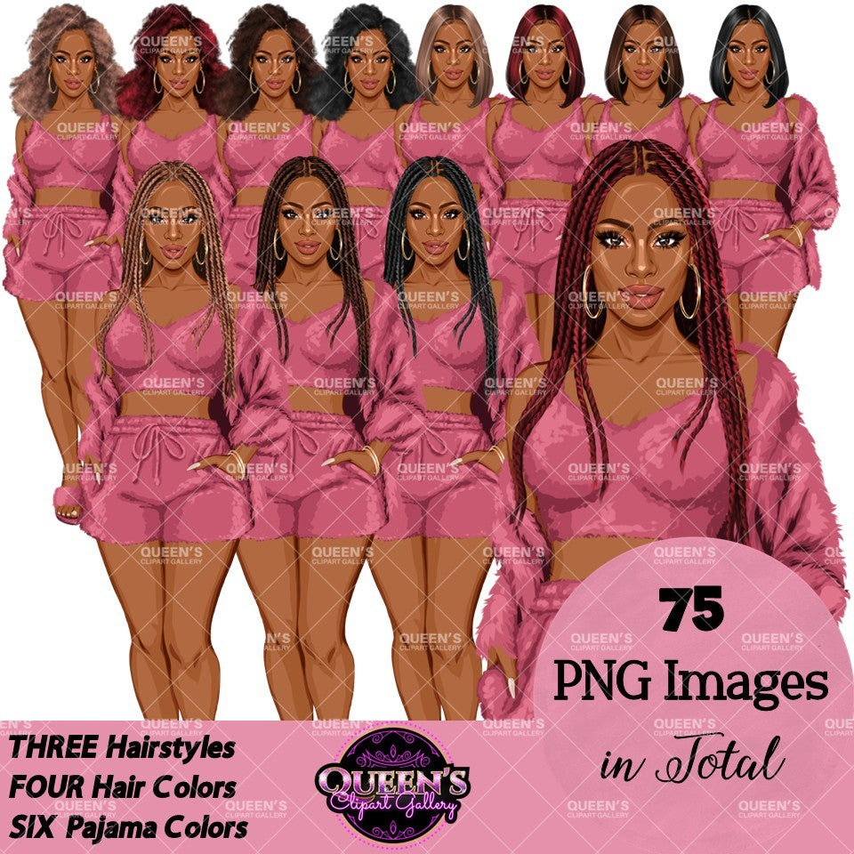 Black girl pajamas clipart collection featuring fashionable Black women with braids, natural hair and bob hairstyles wearing pink cozy sleepwear, PNG images with transparent backgrounds.