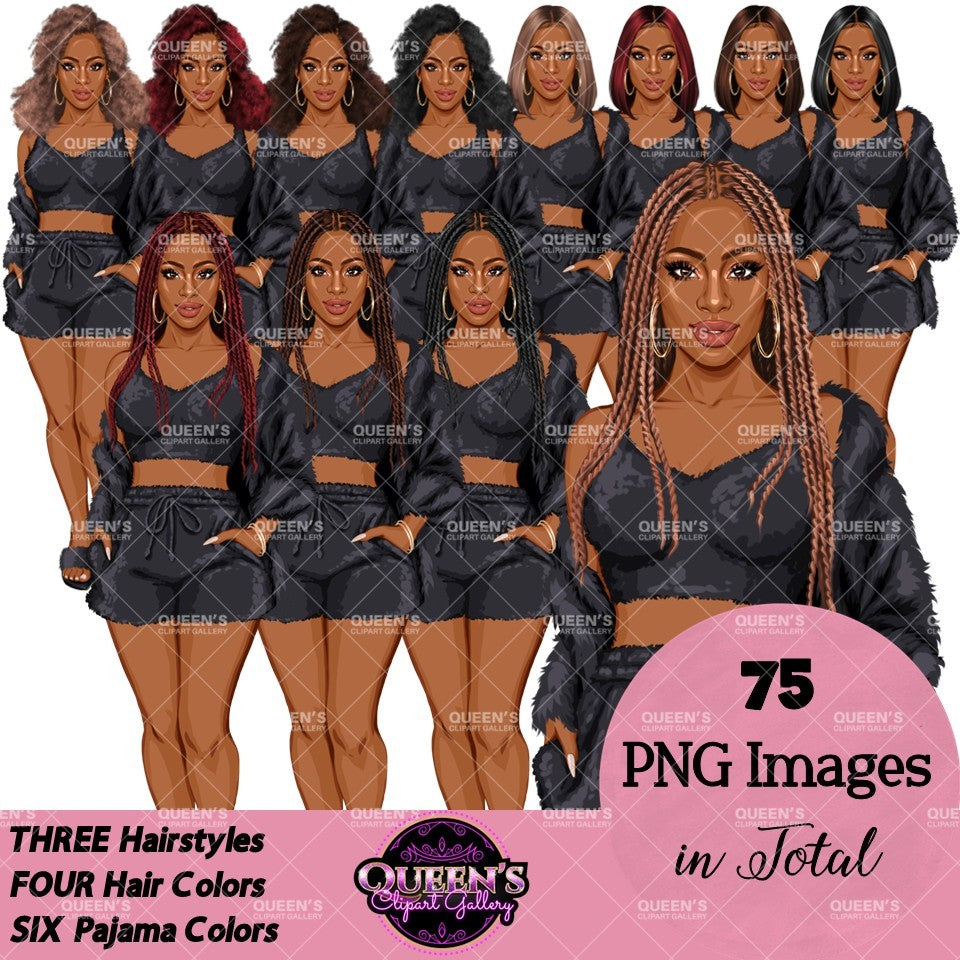 Black woman pajama clipart featuring women with braids, Afro hair and bob hairstyles wearing black fuzzy shorts, crop tops and cozy sleepwear, PNG images with transparent backgrounds.