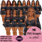 Black woman pajama clipart featuring women with braids, Afro hair and bob hairstyles wearing black fuzzy shorts, crop tops and cozy sleepwear, PNG images with transparent backgrounds.