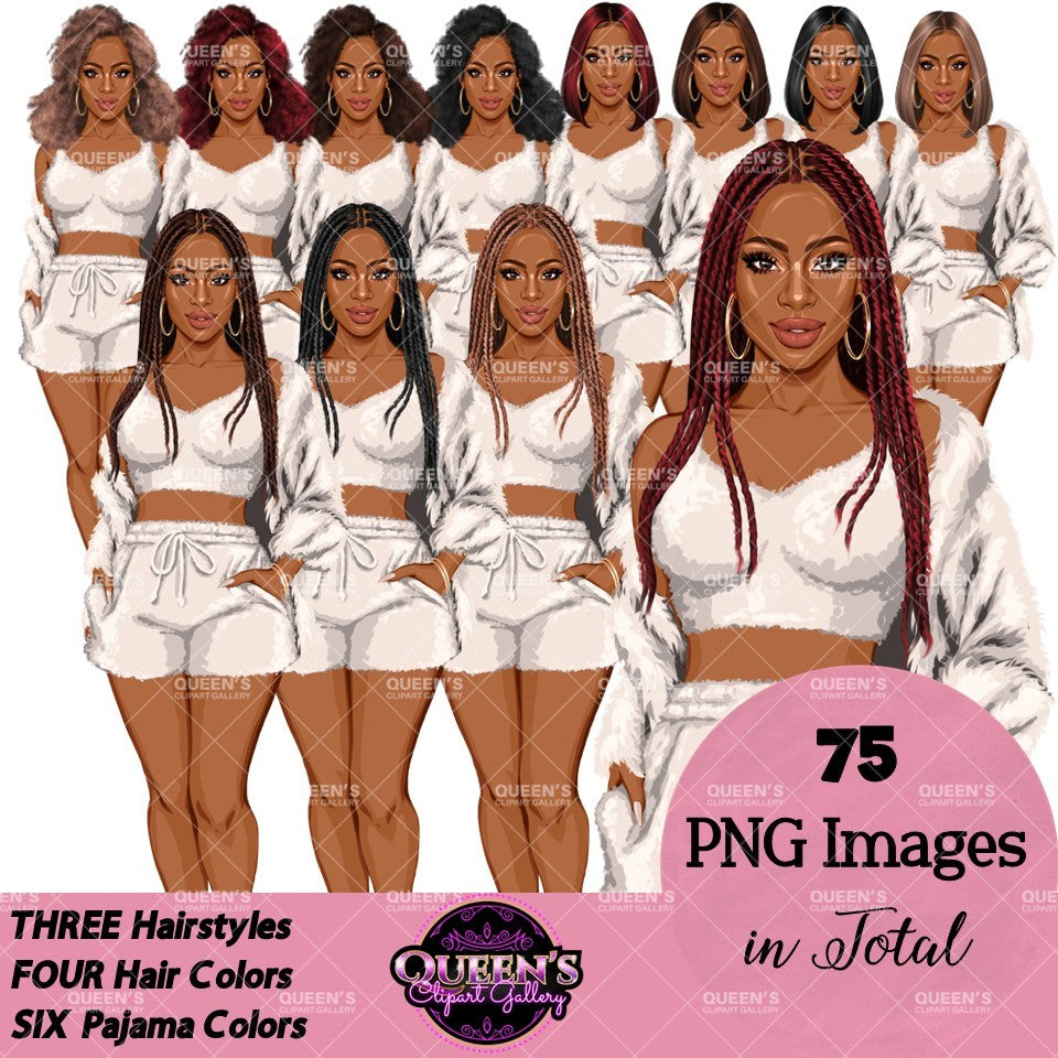 Black woman sleepwear clipart featuring women with braided, natural and bob hairstyles wearing white pajama shorts, fuzzy tops and cardigans, PNG images with transparent backgrounds.
