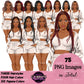 Black woman sleepwear clipart featuring women with braided, natural and bob hairstyles wearing white pajama shorts, fuzzy tops and cardigans, PNG images with transparent backgrounds.