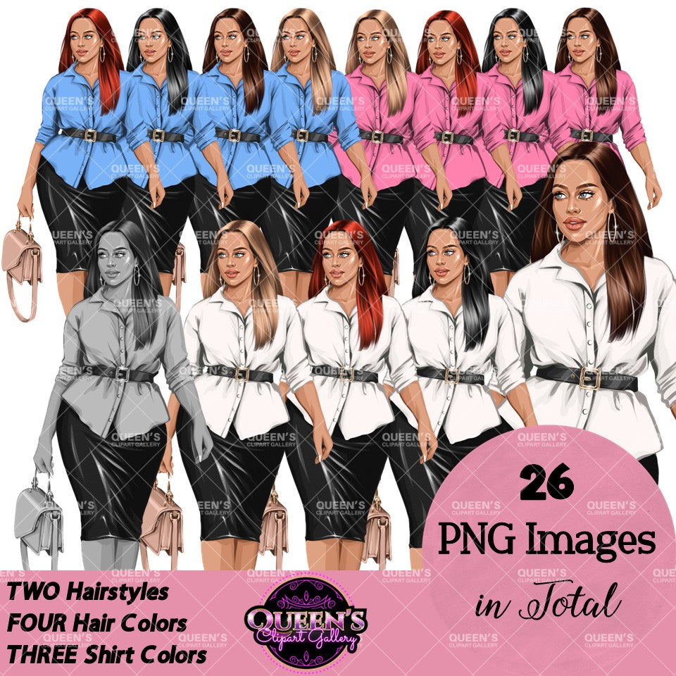 Curvy business woman clipart PNG collection featuring professional women in pink, blue and white blouses, black pencil skirts, handbags and multiple hair colors with transparent backgrounds.