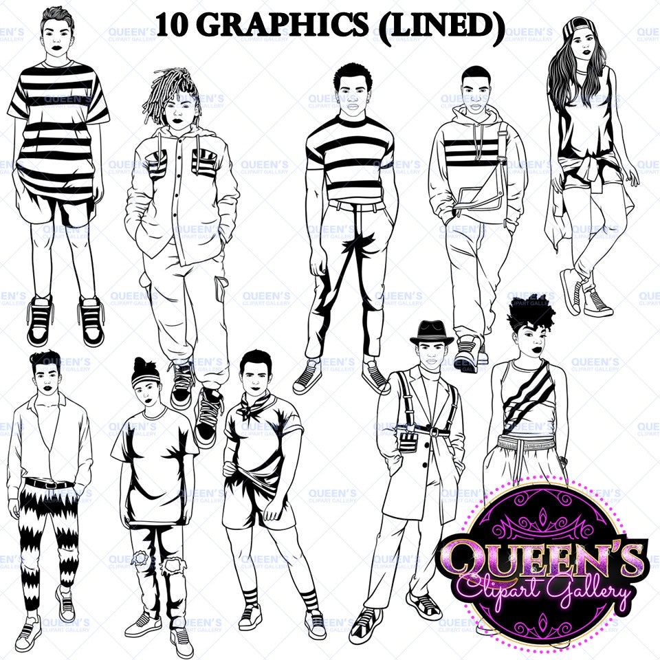 LGBTQ teen clipart line art featuring diverse teenagers in Pride clothing and casual outfits, black and white LGBTQ youth graphics with transparent backgrounds
