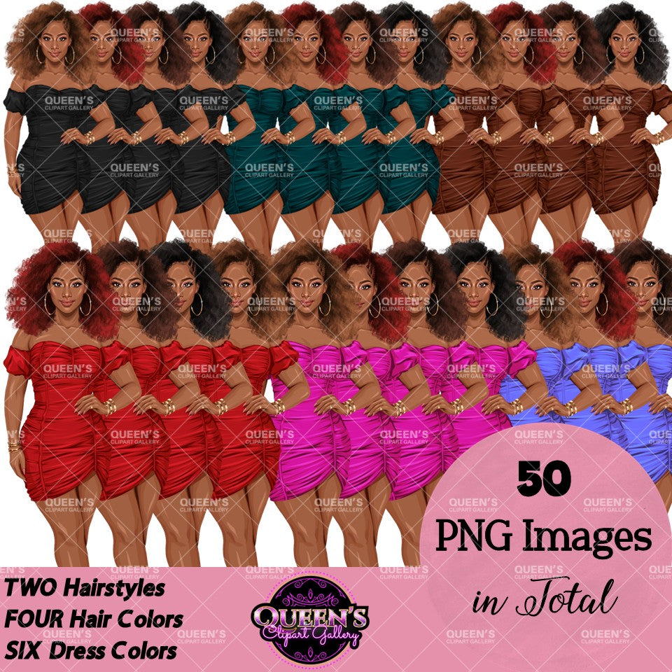Black woman afro clipart with natural curly hairstyles and colorful fashion mini dresses, PNG illustrations with transparent backgrounds