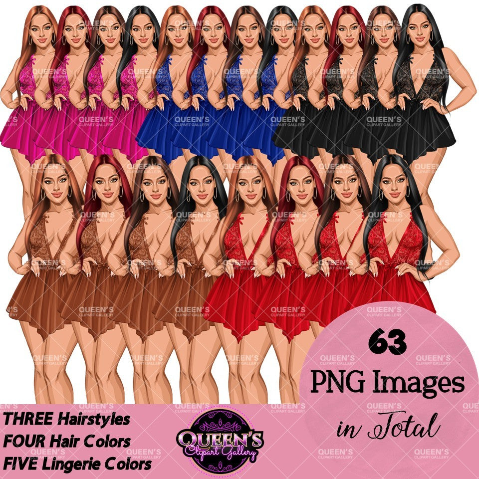 Lingerie clipart PNG featuring a woman in lace lingerie with multiple hairstyles, hair colors, lingerie color variations, and transparent backgrounds. Perfect for planners, websites, digital designs, social media, and commercial projects.