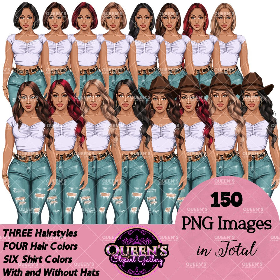 Fashion Woman Clipart PNG | Western Cowgirl Clipart | Stylish Woman Illustration | Denim Fashion Girl Clipart | Fashion Girl Clipart