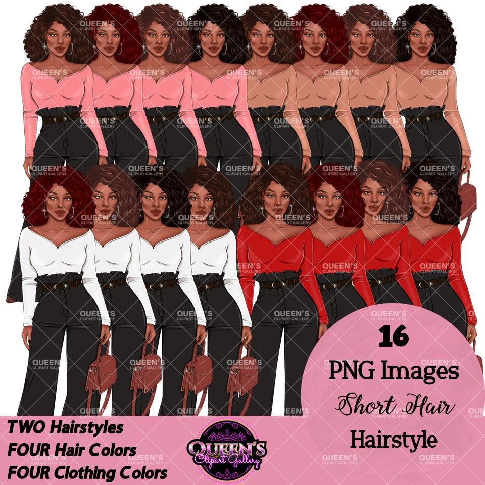 Black woman clipart PNG collection featuring short curly Afro hairstyles in multiple hair colors, stylish tops, black wide leg pants, handbags, and transparent backgrounds