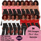 Black woman clipart PNG collection featuring short curly Afro hairstyles in multiple hair colors, stylish tops, black wide leg pants, handbags, and transparent backgrounds