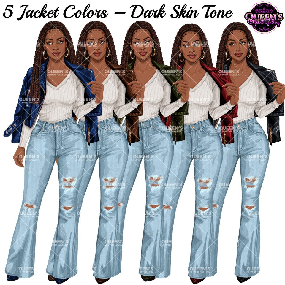 Black Woman Clipart PNG | African American Woman Clipart | Fashion Girl PNG | Leather Jacket Clipart | Denim Jeans Girl Clipart
