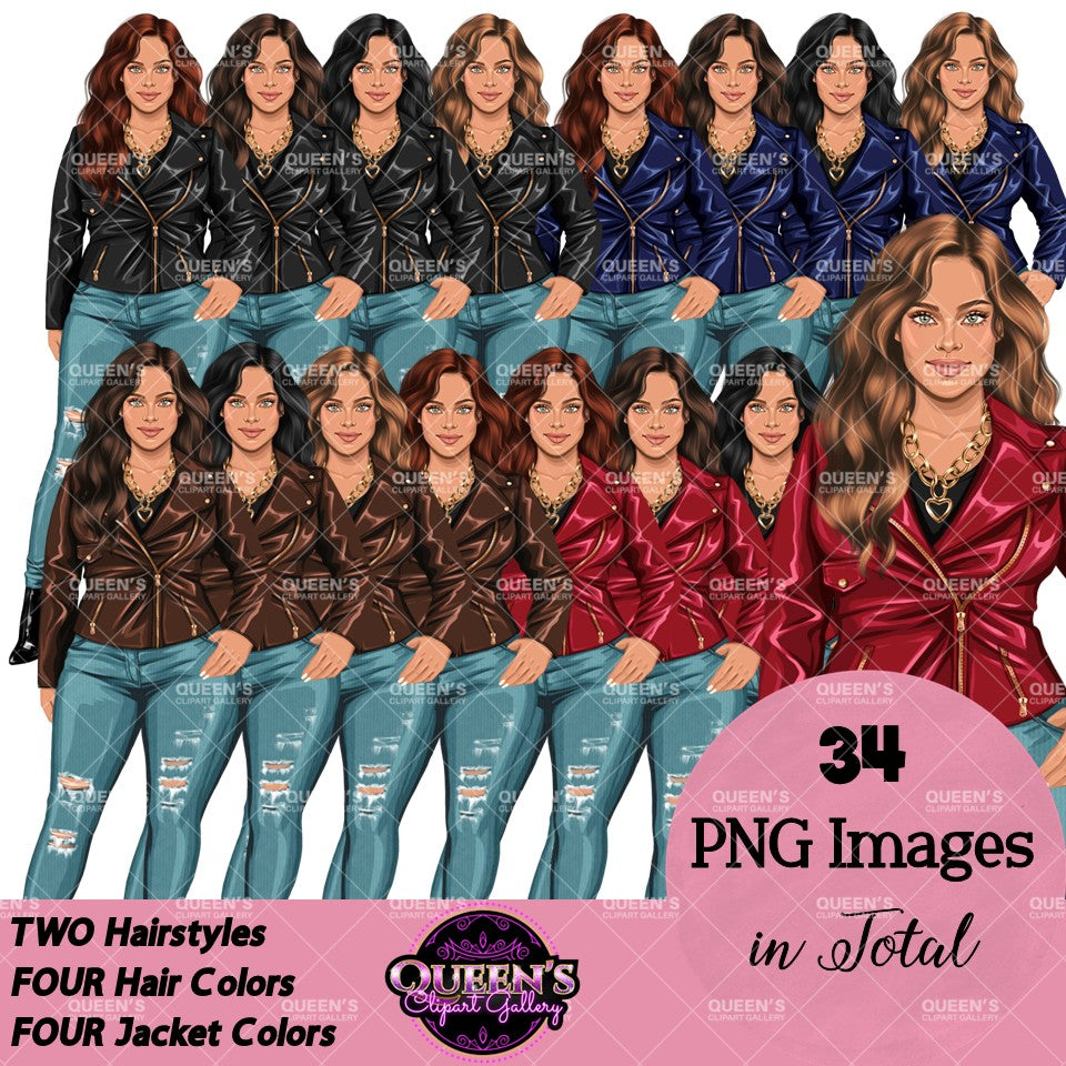 Plus size woman clipart PNG featuring curvy fashion woman with wavy hairstyles, four hair colors and leather jackets in black, blue, brown and red with transparent backgrounds.