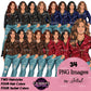 Plus size woman clipart PNG featuring curvy fashion woman with wavy hairstyles, four hair colors and leather jackets in black, blue, brown and red with transparent backgrounds.
