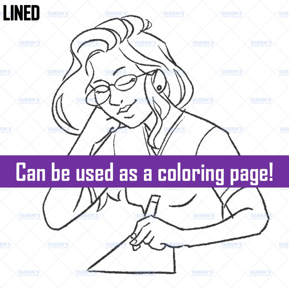 Lined female student writing clipart with glasses, pencil and paper, black and white school illustration that can be used as a coloring page.