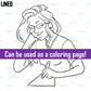 Lined female student writing clipart with glasses, pencil and paper, black and white school illustration that can be used as a coloring page.