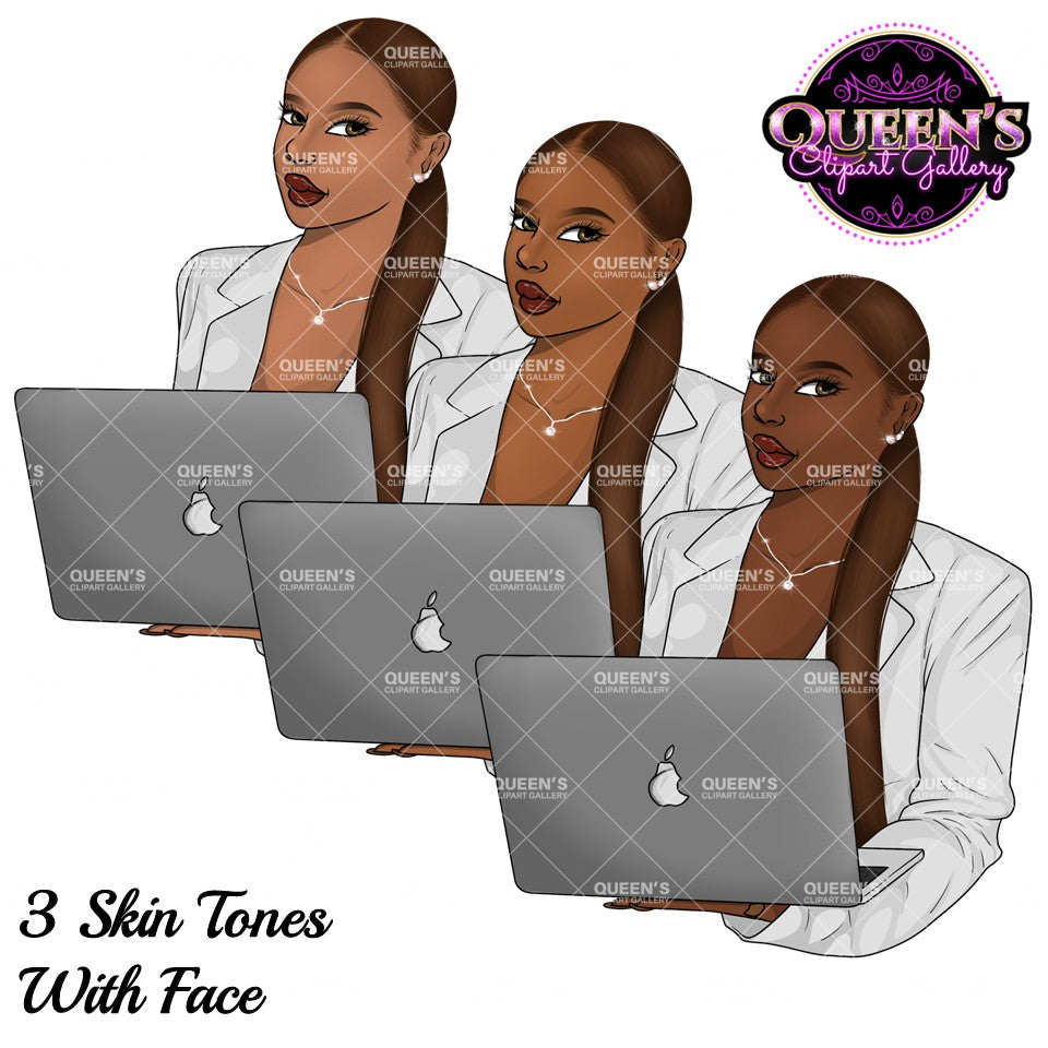 Black Woman Clipart PNG | Business Woman Clipart | Working Woman PNG | Laptop Girl Clipart | Office Woman Illustration | Black Girl Magic