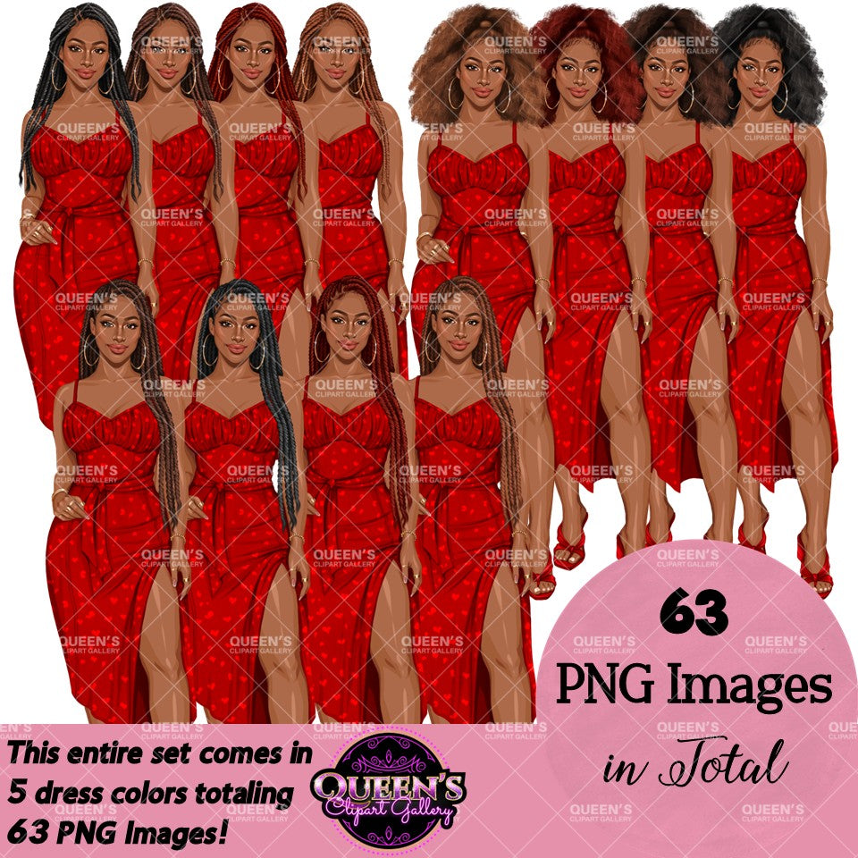 Black woman fashion clipart wearing red heart print midi dresses with side slits and heels, featuring afro and braided hairstyles in multiple hair colors, PNG images with transparent backgrounds